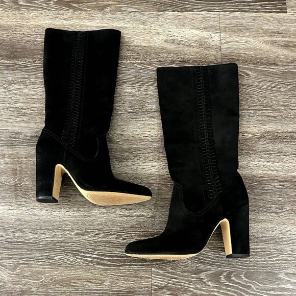 EUC Vince Camuto Coranna Black Suede Knee High Boots Size 8.5M Heel Fringe Boho - Picture 11 of 16